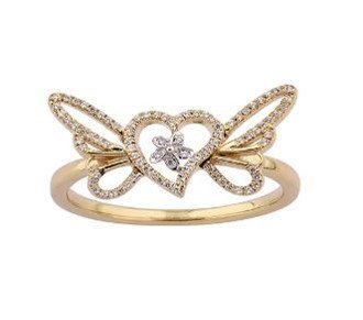 10K 0.11CT D-RING LDS RDS MICRO PRONG "HEART WITH BUTTERFLY"