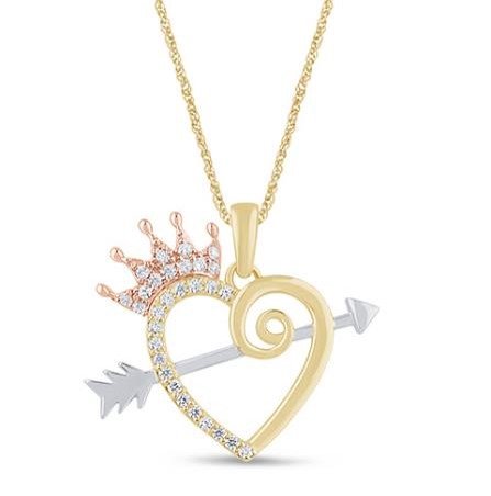 10K 0.15CT D-PENDANT RDS PRONG "HEART WITH CROWN & ARROW"