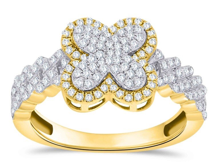10K 0.37CT D-RING LDS RDS "CROSS FLOWER FACE WITH CUBAN BAND" MICRO PAVE